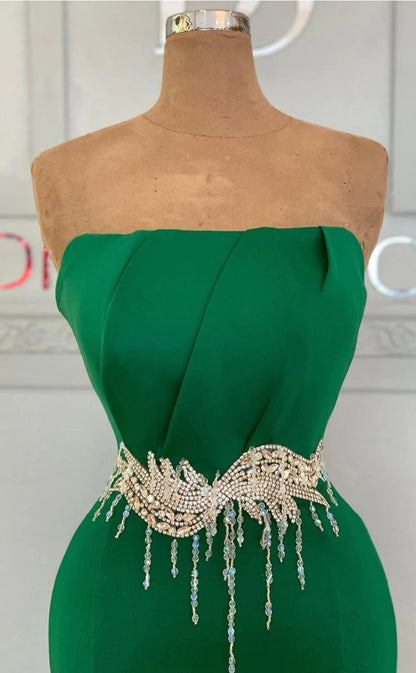 RP1240-Elegant Green Mermaid Strapless Crystals Ruched Sleeveless Satin Prom Evening Dresses Formal Party Gowns With Sash