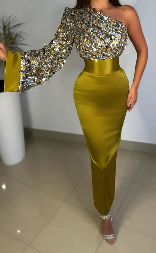 RP691-Charming Olive Mermaid One Shoulder Sequined One Long Sleeve Prom Evening Dresses Formal Party Gowns