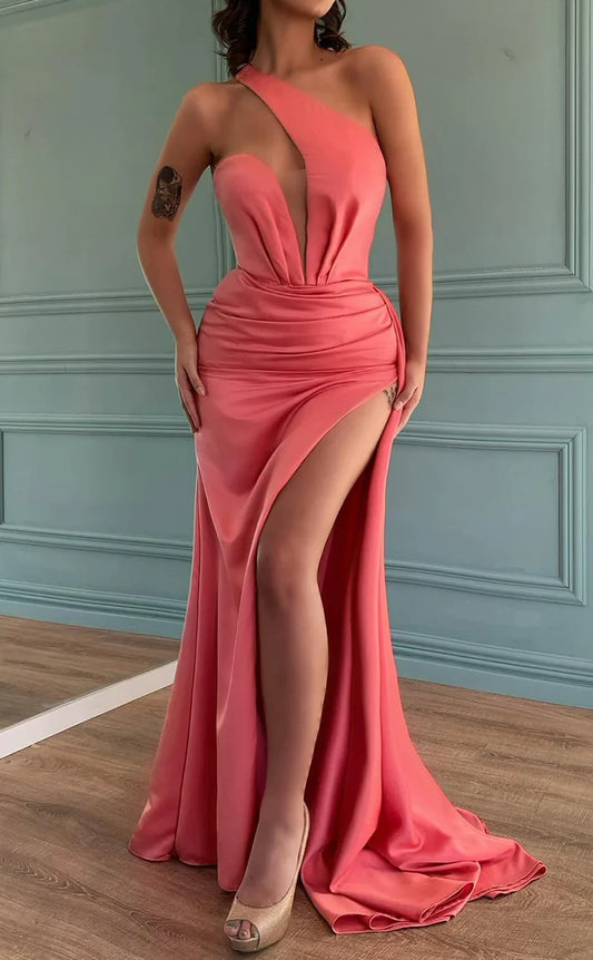 RP465-Classic Watermelon Mermaid Ruched One Shoulder Sleeveless Long Prom Evening Dresses Formal Party Gowns With Slit