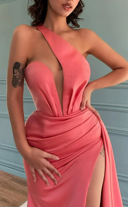 RP465-Classic Watermelon Mermaid Ruched One Shoulder Sleeveless Long Prom Evening Dresses Formal Party Gowns With Slit