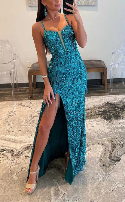 RP075-Sparkling&Hot Mermaid Spaghetti Sequins Tassel Sleeveless Prom Evening Dresses Formal Party Gowns With Split