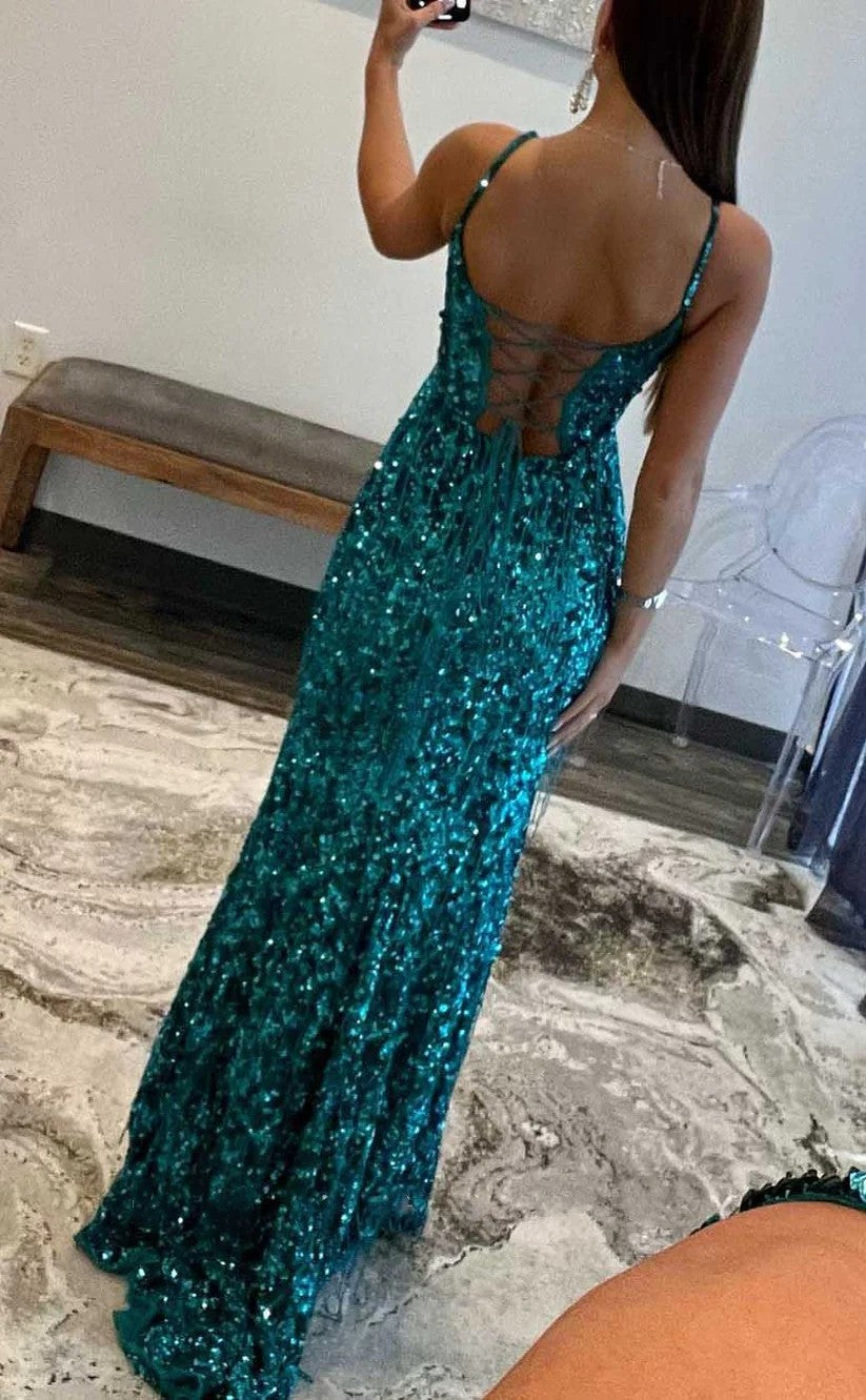 RP075-Sparkling&Hot Mermaid Spaghetti Sequins Tassel Sleeveless Prom Evening Dresses Formal Party Gowns With Split