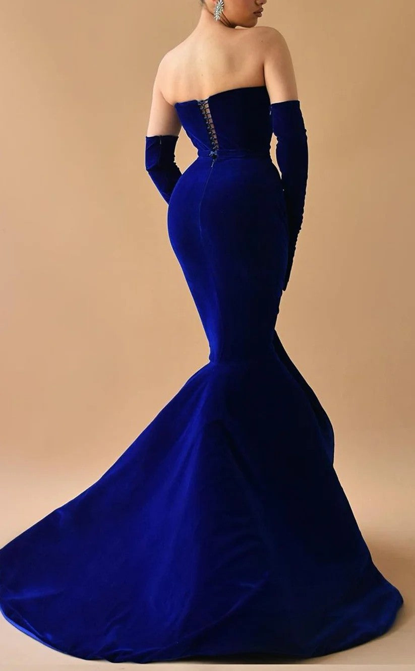 RP1292-Charming Royal Blue Mermaid Strapless Ruched Long Sleeves Velvet Prom Evening Dresses Formal Party Gowns With Slit