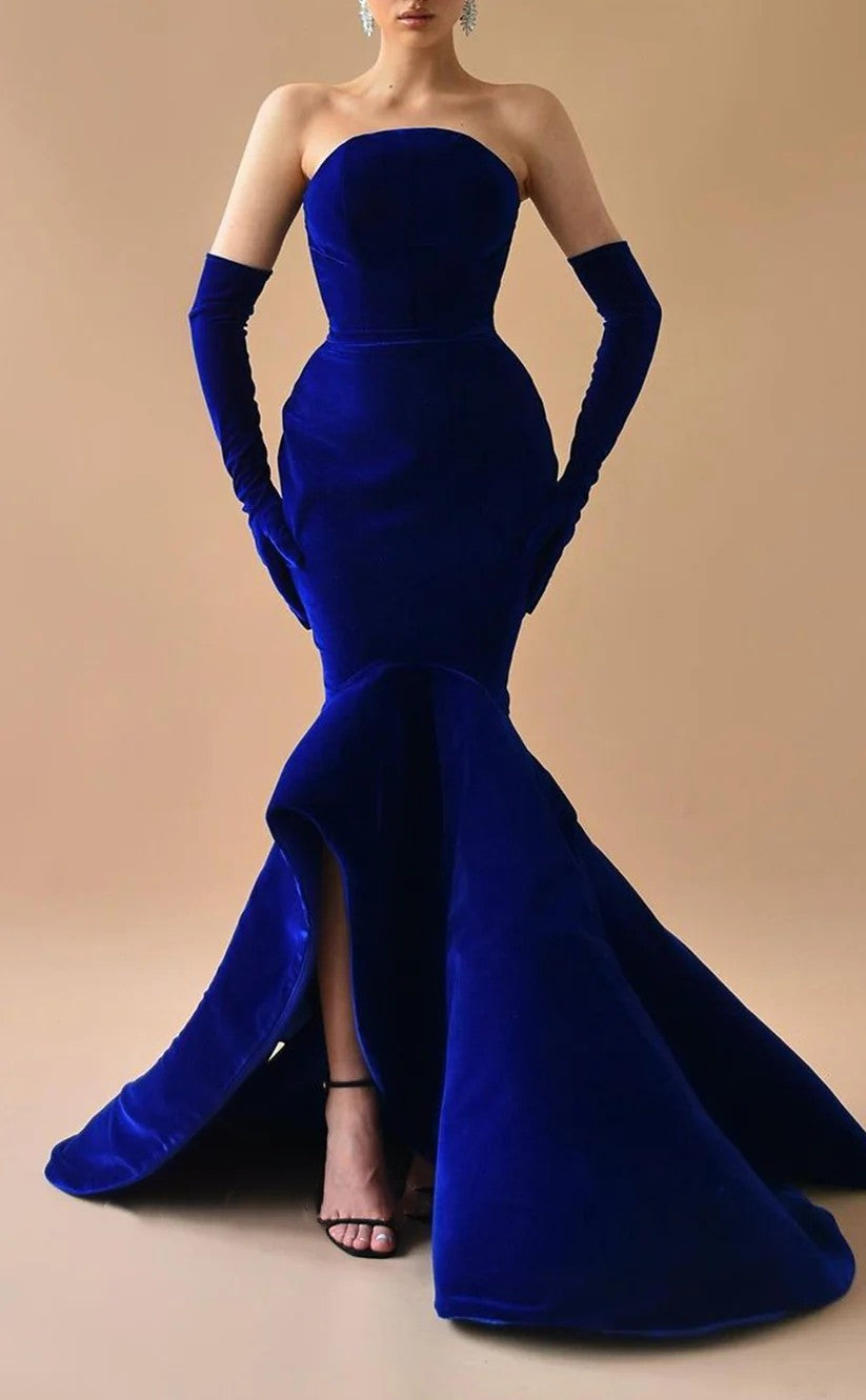 RP1292-Charming Royal Blue Mermaid Strapless Ruched Long Sleeves Velvet Prom Evening Dresses Formal Party Gowns With Slit