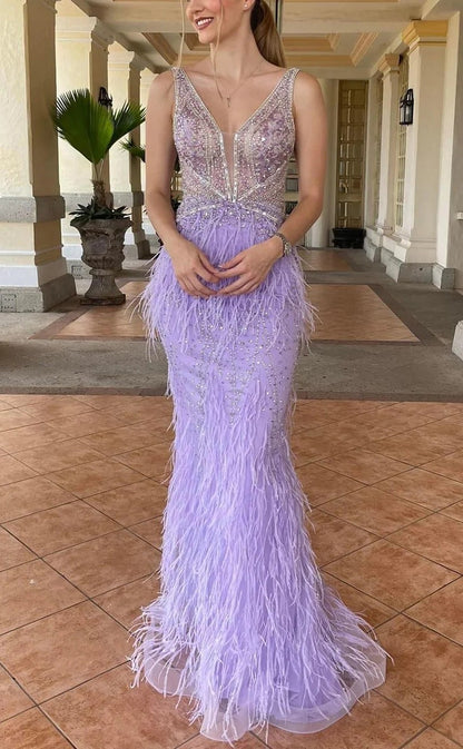 RP1295-Elegant Lavender Mermaid V-Neck Sequins Tassel Prom Evening Dresses Formal Party Gowns With Beaded