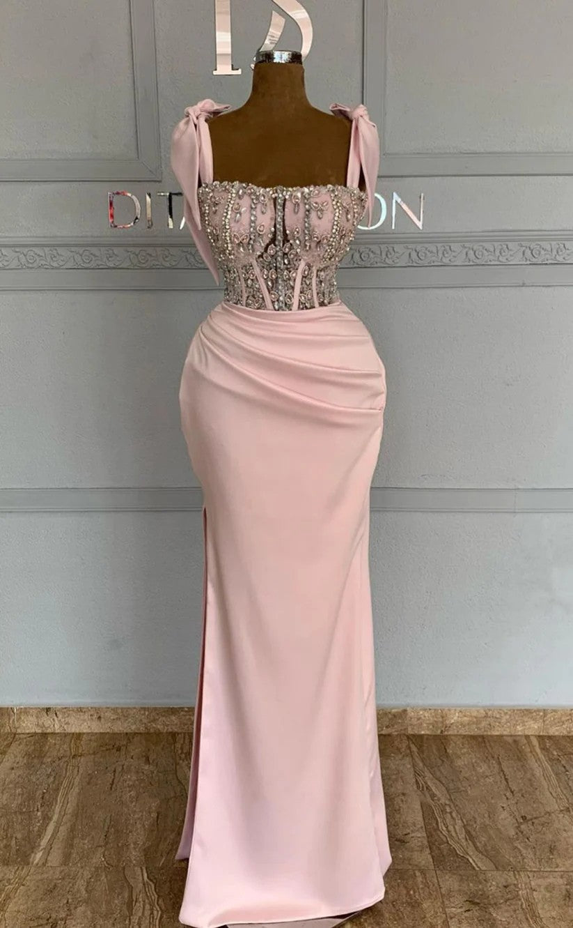 RP1296-Elegant Mermaid Spaghetti Ruched Crystals Sleeveless Prom Evening Dresses Formal Party Gowns With Slit