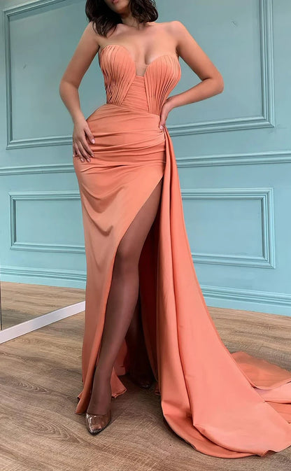 RP469-Simple Mermaid Sweetheart Ruched Sleeveless Long Prom Evening Dresses Formal Party Gowns With Side Slit