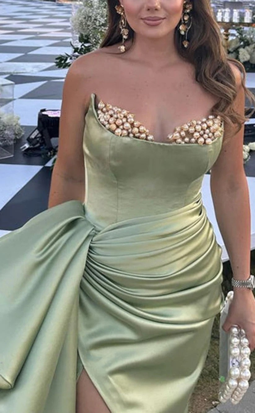 RP1290-Charming Green Mermaid Sweetheart Ruched Pearls Sleeveless Prom Evening Dresses Formal Party Gowns With Slit