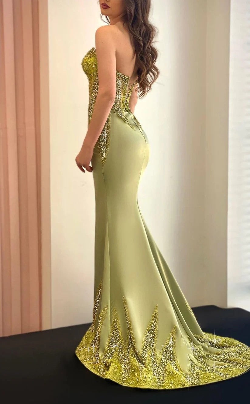 RP1291-Charming Green Mermaid Sweetheart Crystals Beaded Sleeveless Prom Evening Dresses Formal Party Gowns