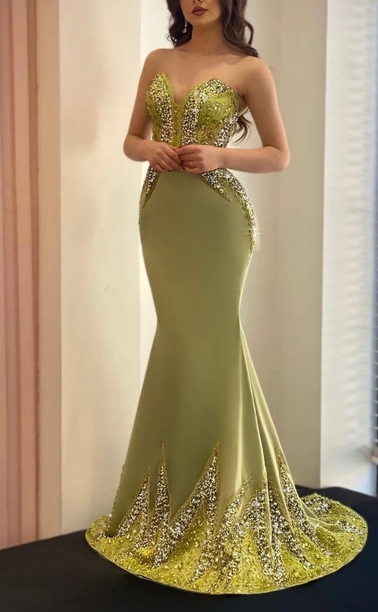 RP1291-Charming Green Mermaid Sweetheart Crystals Beaded Sleeveless Prom Evening Dresses Formal Party Gowns