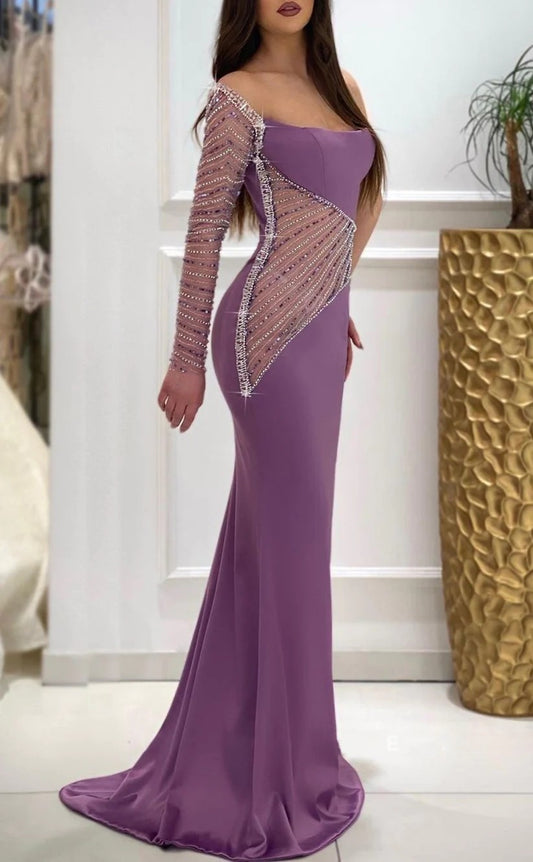 RP1287-Elegant Purple Mermaid One Shoulder Beaded Ruched One Long Sleeve Prom Evening Dresses Formal Party Gowns