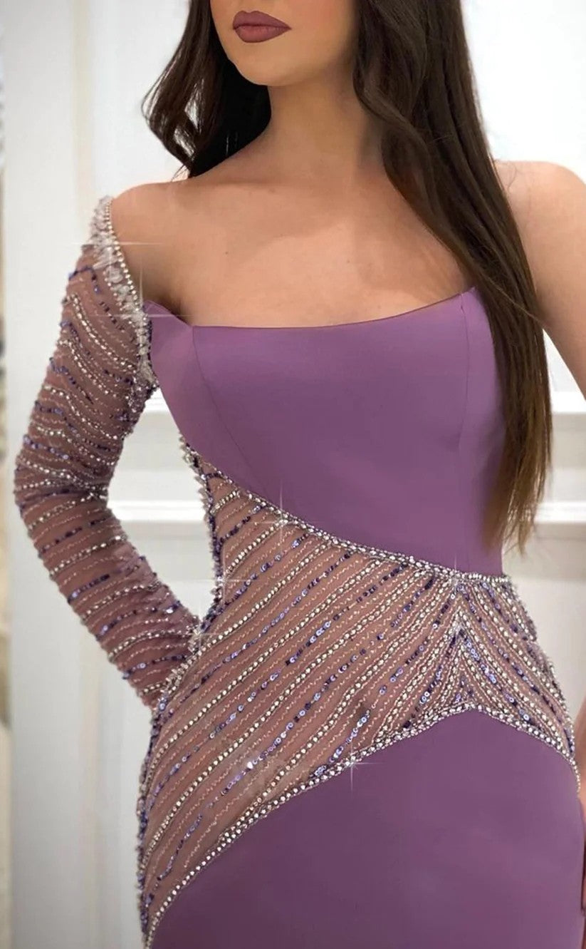 RP1287-Elegant Purple Mermaid One Shoulder Beaded Ruched One Long Sleeve Prom Evening Dresses Formal Party Gowns