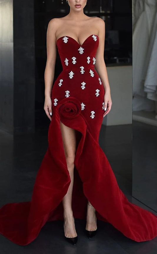 RP1284-Charming Red Mermaid Sweetheart Crystals Flower Velvet Prom Evening Dresses Formal Party Gowns With Slit