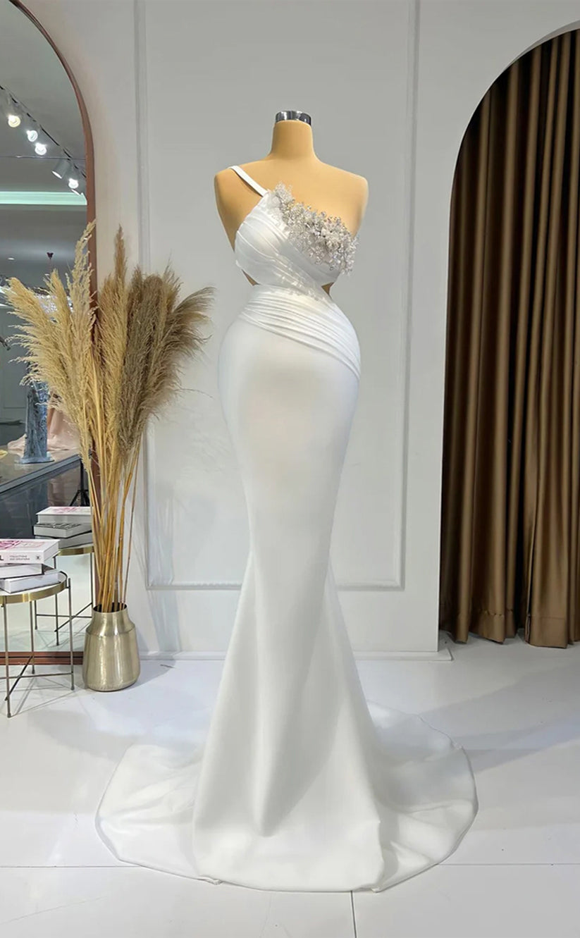 RP271-Classic Trumpet One ShoulderBeads Appliqued Sleeveless Prom Evening Dresses Formal Party Gowns