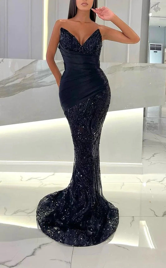 RP1215-New Black Mermaid V-Neck Sequins Beads Sleeveless Prom Evening Dresses Formal Party Gowns