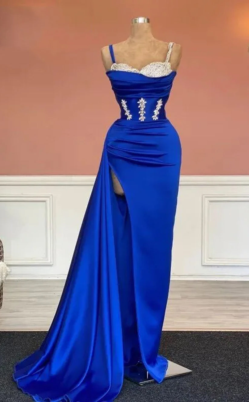 RP1216-Elegant Royal Blue Mermaid Spaghetti Beads Crystals Sleeveless Satin Prom Evening Dresses Formal Party Gowns With Split