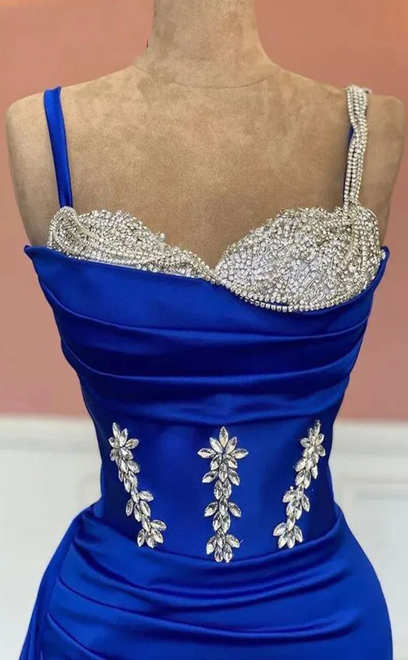 RP1216-Elegant Royal Blue Mermaid Spaghetti Beads Crystals Sleeveless Satin Prom Evening Dresses Formal Party Gowns With Split