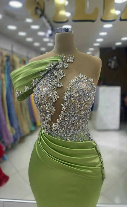 RP1217-New Green Mermaid High Neck Beads Crystals Cap Sleeves Satin Prom Evening Dresses Formal Party Gowns