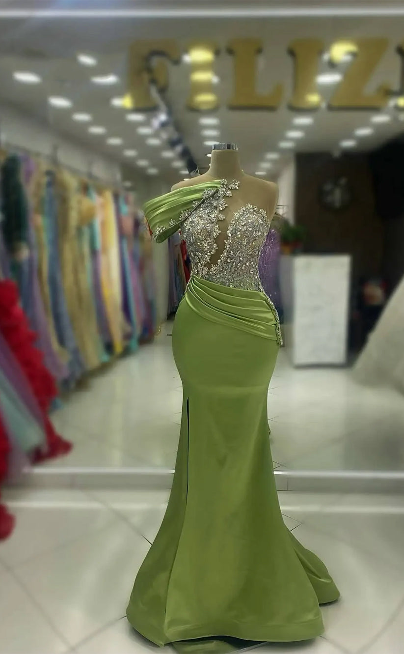 RP1217-New Green Mermaid High Neck Beads Crystals Cap Sleeves Satin Prom Evening Dresses Formal Party Gowns