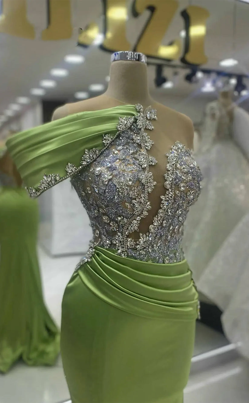 RP1217-New Green Mermaid High Neck Beads Crystals Cap Sleeves Satin Prom Evening Dresses Formal Party Gowns