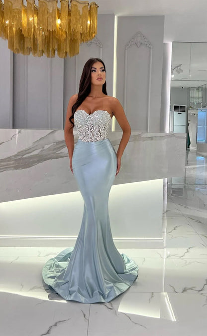 RP1219-New Sky Blue Mermaid Sweetheart Beads Crystals Sleeveless Prom Evening Dresses Formal Party Gowns