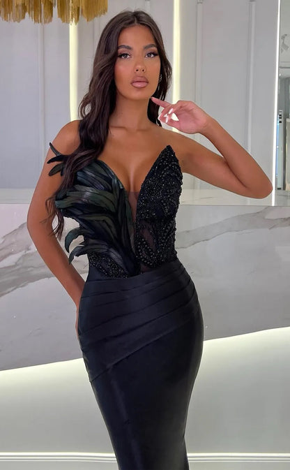 RP1218-New Black Mermaid V-Neck Beads Feathers Sleeveless Prom Evening Dresses Formal Party Gowns