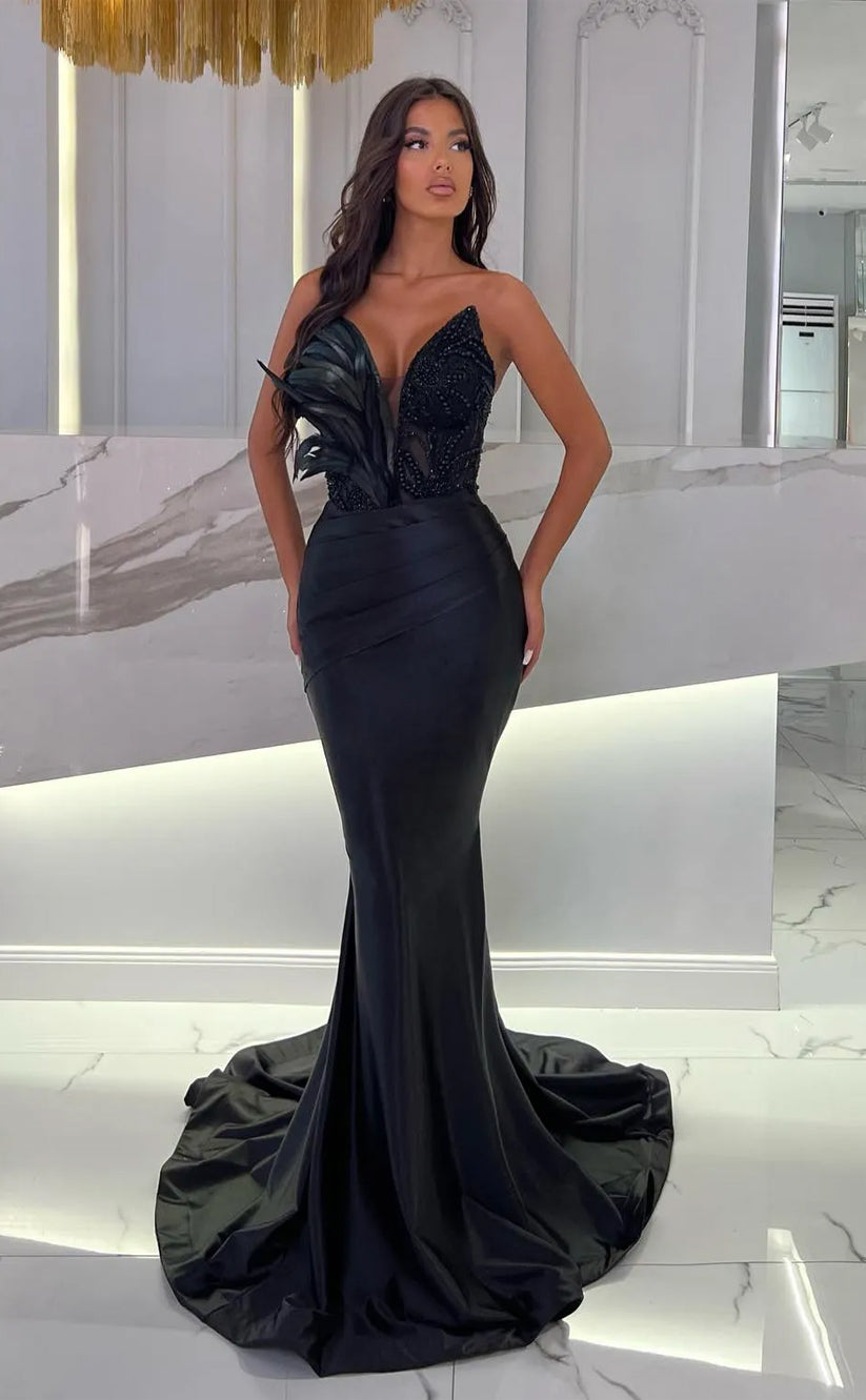 RP1218-New Black Mermaid V-Neck Beads Feathers Sleeveless Prom Evening Dresses Formal Party Gowns