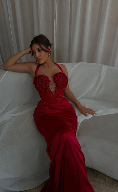RP1220-Elegant Red Mermaid Spaghetti Beads Sleeveless Satin Prom Evening Dresses Formal Party Gowns With Handmade Flowers