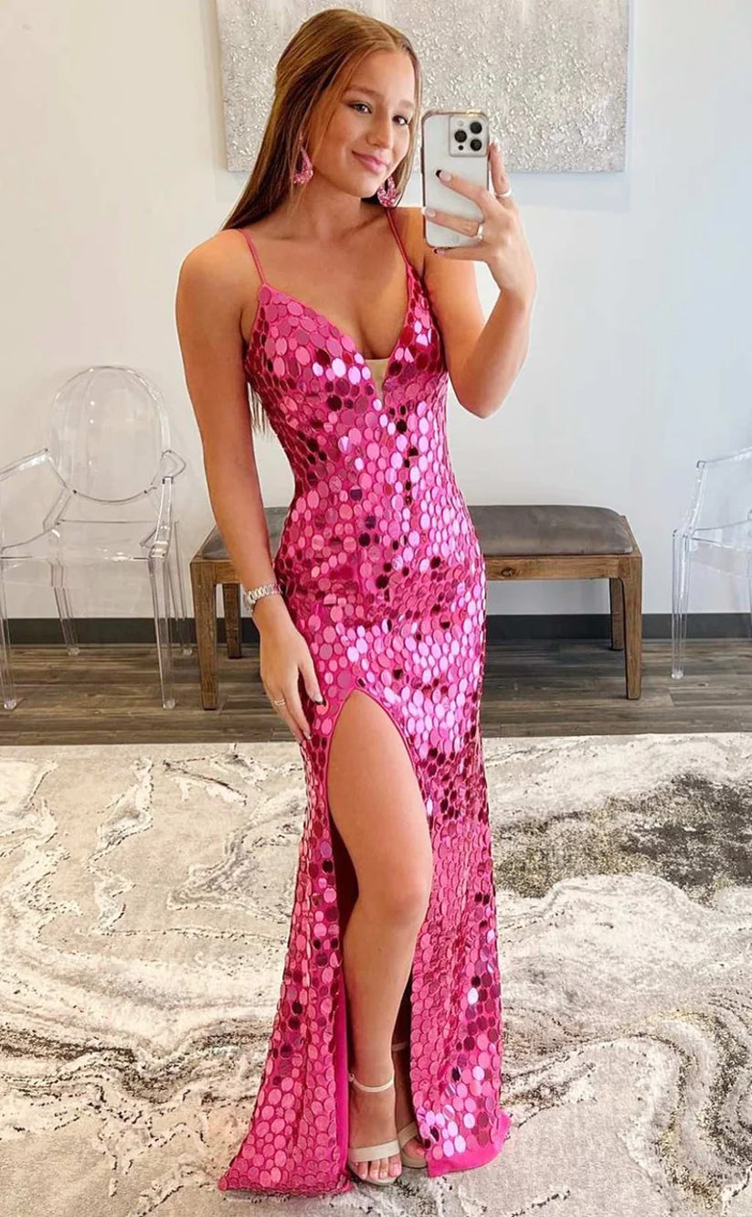 RP1222-Elegant Fuchsia Mermaid Spaghetti Sequins Sleeveless Prom Evening Dresses Formal Party Gowns With Slit