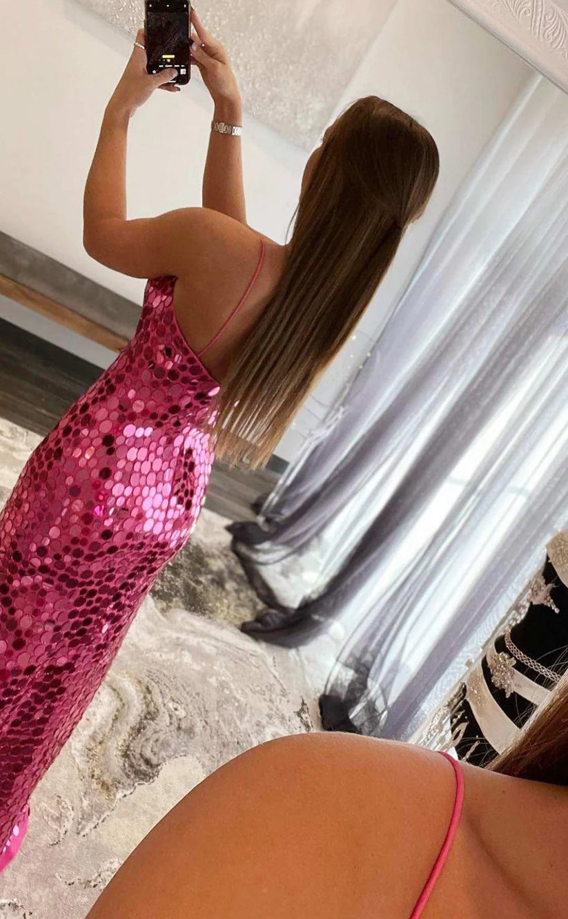 RP1222-Elegant Fuchsia Mermaid Spaghetti Sequins Sleeveless Prom Evening Dresses Formal Party Gowns With Slit