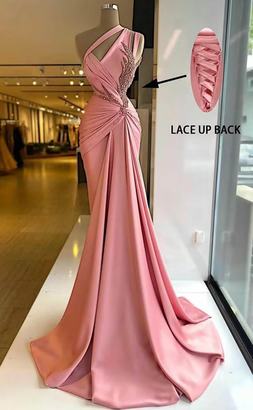 RP1230-Gorgeous Pink Mermaid One Shoulder Beads Sleeveless Prom Evening Dresses Formal Party Gowns With Slit