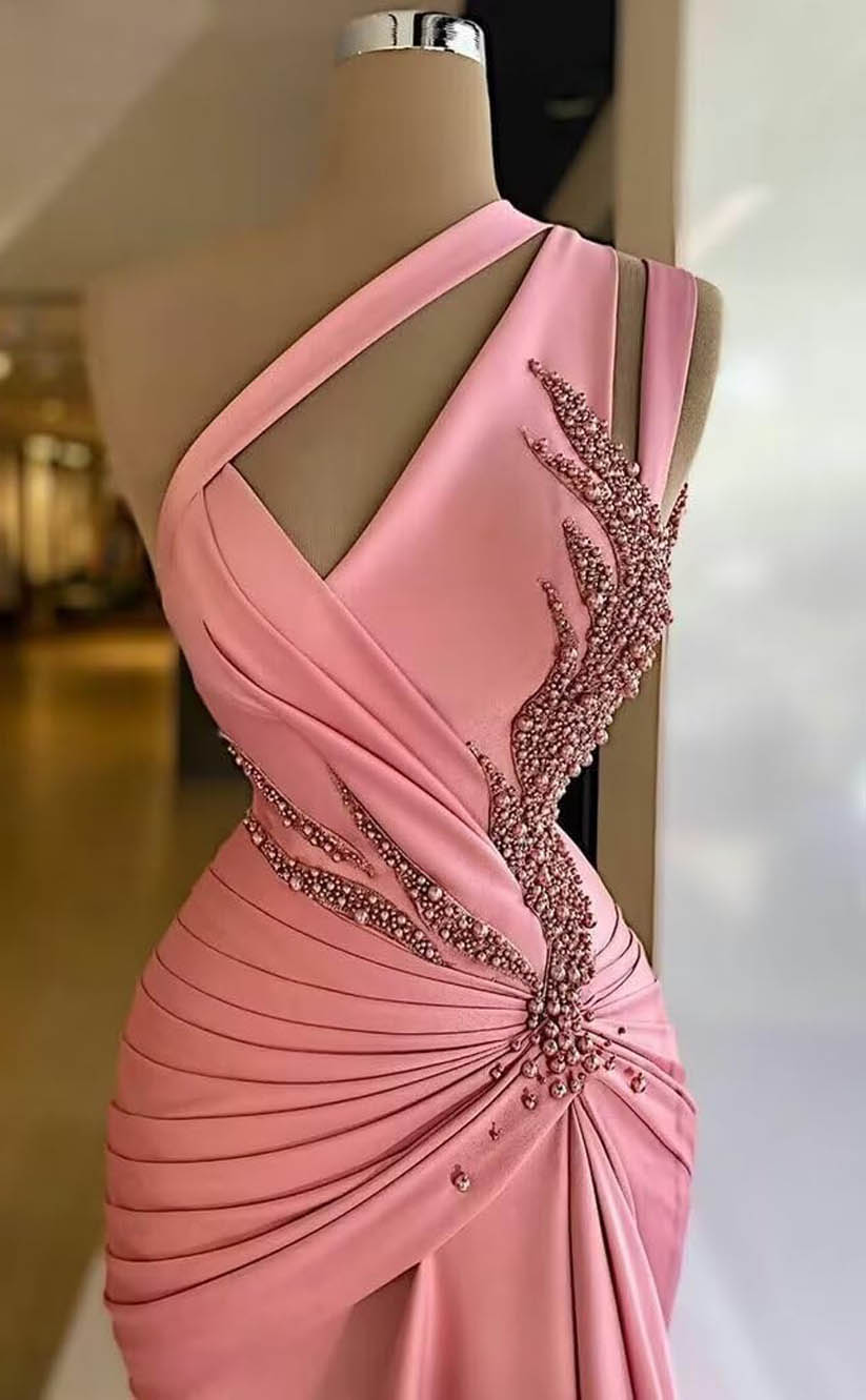 RP1230-Gorgeous Pink Mermaid One Shoulder Beads Sleeveless Prom Evening Dresses Formal Party Gowns With Slit