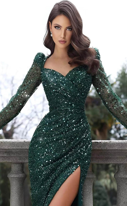 RP1231-Sparkling Green Mermaid Sweetheart Sequins Long Sleeves Prom Evening Dresses Formal Party Gowns With Slit