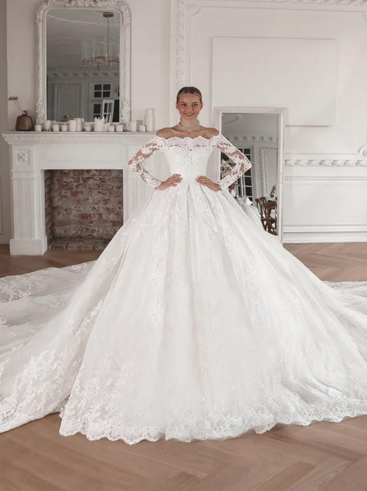 Luxurious Ball Gown Wedding Dresses Off The Shoulder Beaded Appliqued Lace Long Sleeves Buttons Lace Court Train Bridal Gowns Custom Made