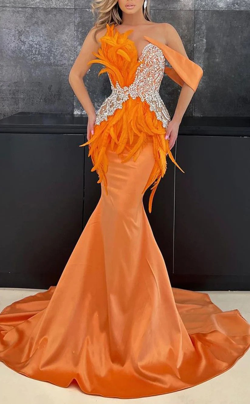 RP1236-Charming Orange Mermaid Sweetheart Crystals Feather Sleeveless Satin Prom Evening Dresses Formal Party Gowns With Train