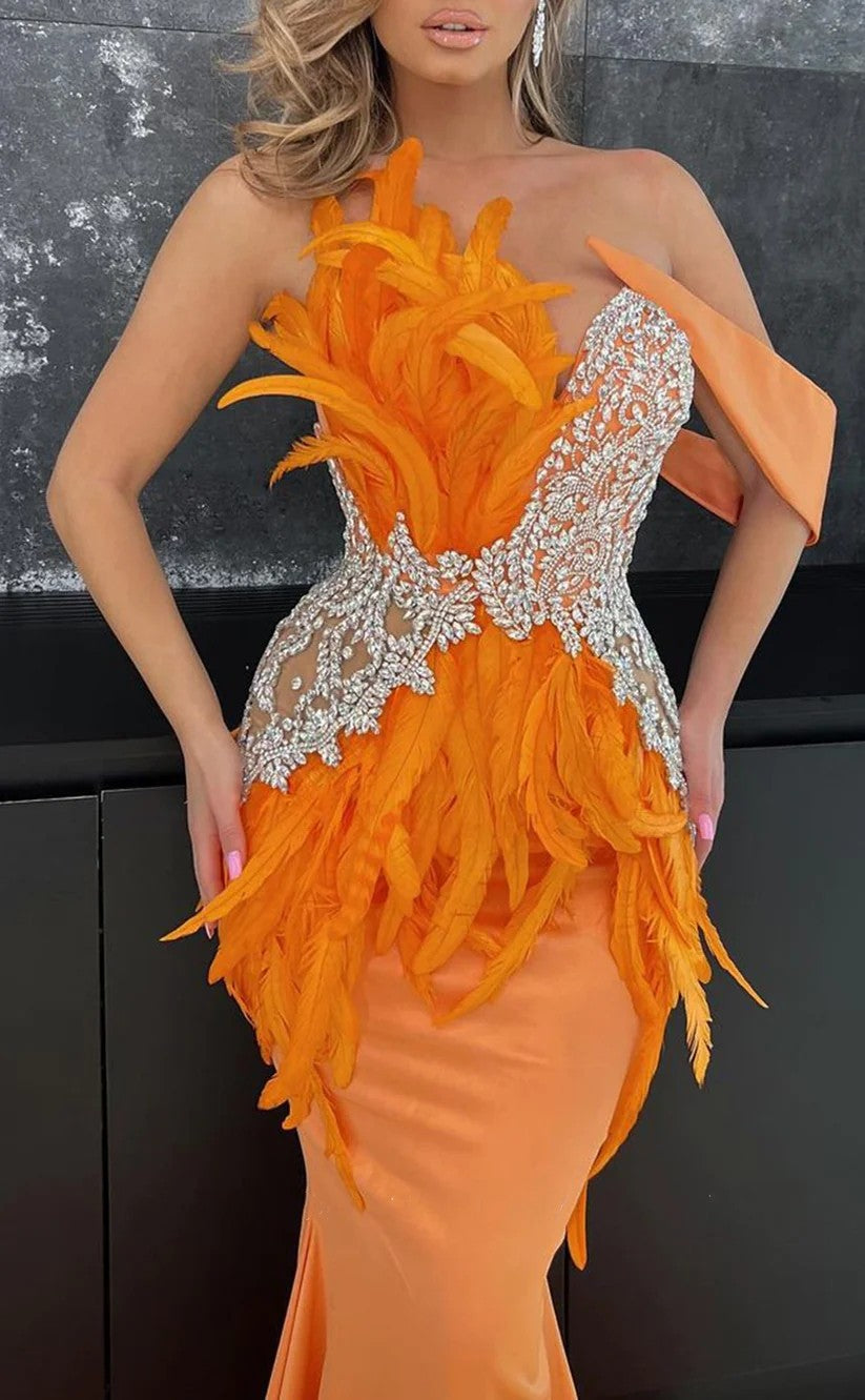 RP1236-Charming Orange Mermaid Sweetheart Crystals Feather Sleeveless Satin Prom Evening Dresses Formal Party Gowns With Train