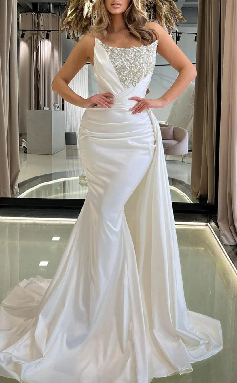 RP1237-Charming White Mermaid Strapless Crystals Beaded Sleeveless Satin Prom Evening Dresses Formal Party Gowns With Train