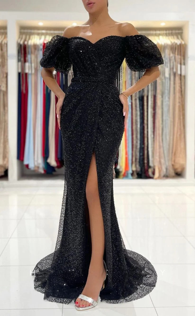 RP1238-Elegant Black Mermaid Off-the-Shoulder Sequins Cap Sleeves Long Prom Evening Dresses Formal Party Gowns With Slit