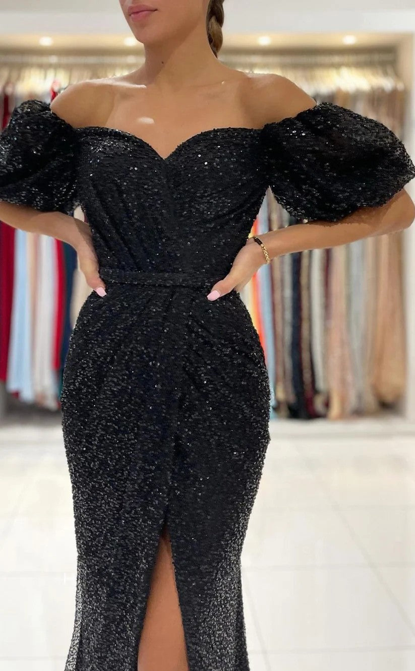 RP1238-Elegant Black Mermaid Off-the-Shoulder Sequins Cap Sleeves Long Prom Evening Dresses Formal Party Gowns With Slit