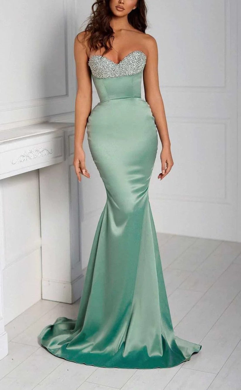 RP1239-Gorgeous Green Mermaid Sweetheart Beads Ruched Sleeveless Satin Prom Evening Dresses Formal Party Gowns With Split