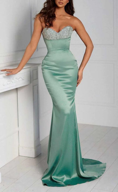 RP1239-Gorgeous Green Mermaid Sweetheart Beads Ruched Sleeveless Satin Prom Evening Dresses Formal Party Gowns With Split