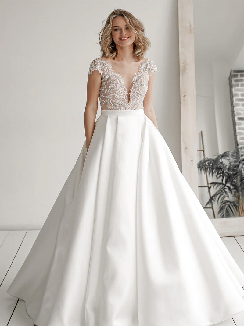 Charming A-Line Wedding Dresses Illusion Scoop Beads Appliques Buttons Cap Sleeves Satin Floor Length Bridal Gowns Custom Made