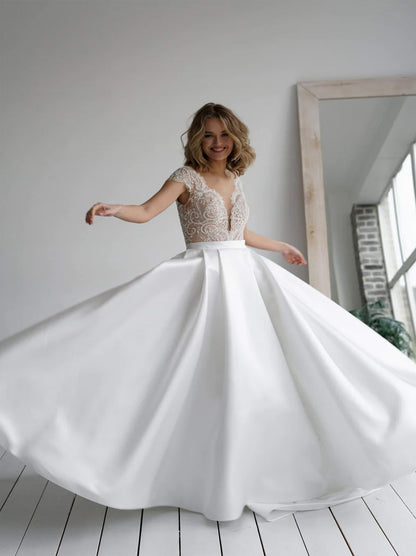 Charming A-Line Wedding Dresses Illusion Scoop Beads Appliques Buttons Cap Sleeves Satin Floor Length Bridal Gowns Custom Made