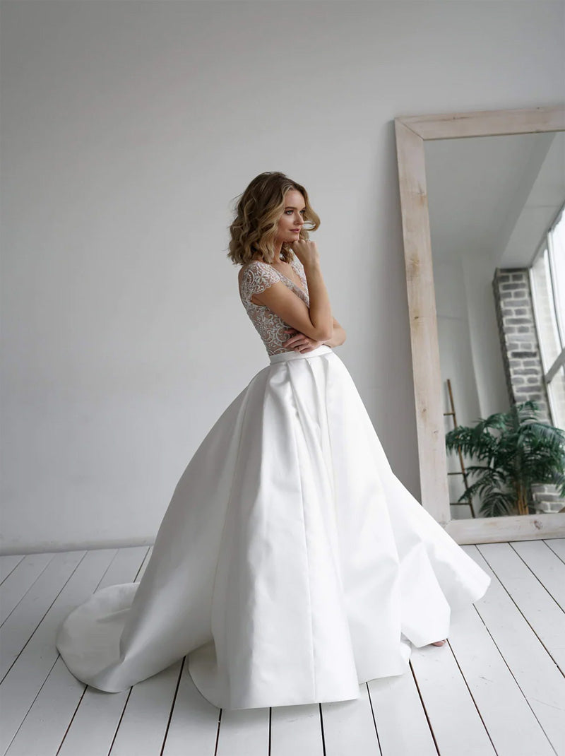 Charming A-Line Wedding Dresses Illusion Scoop Beads Appliques Buttons Cap Sleeves Satin Floor Length Bridal Gowns Custom Made