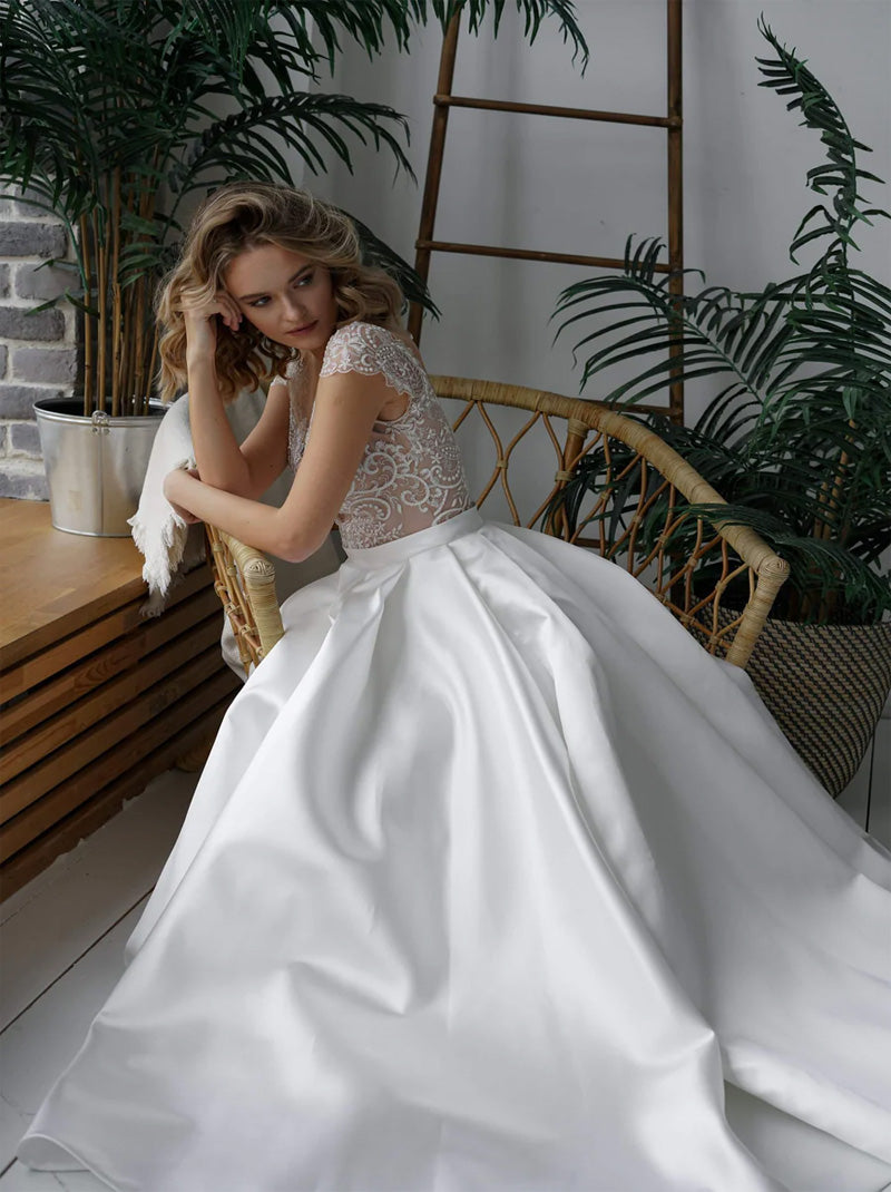 Charming A-Line Wedding Dresses Illusion Scoop Beads Appliques Buttons Cap Sleeves Satin Floor Length Bridal Gowns Custom Made