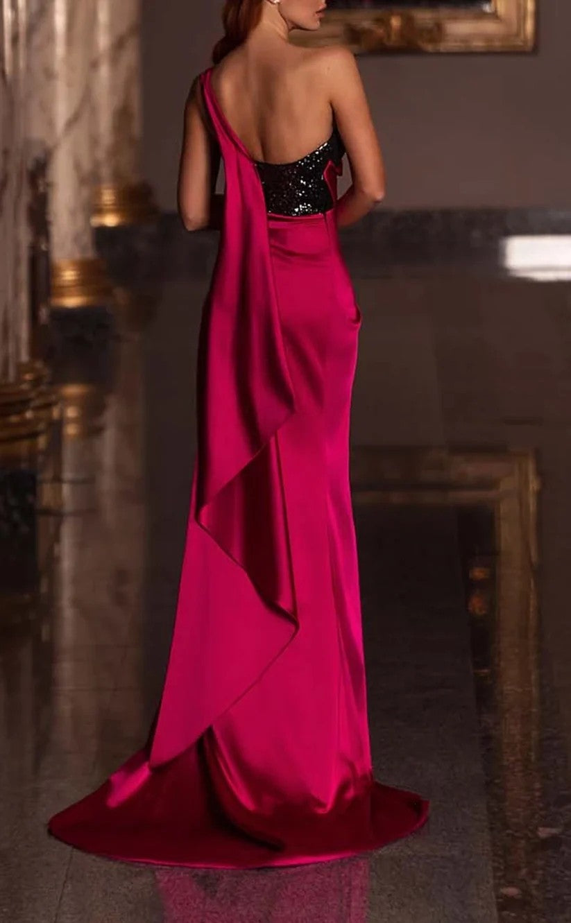 RP1249-Charming Fuchsia Mermaid One Shoulder Sequins Sleeveless Prom Evening Dresses Formal Party Gowns With Slit