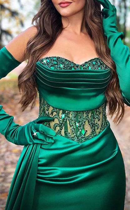 RP1251-Unique Green Mermaid Sweetheart Crystals Ruched Long Gloves Satin Prom Evening Dresses Formal Party Gowns With Split