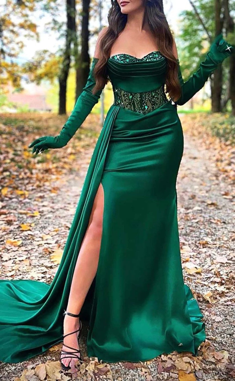 RP1251-Unique Green Mermaid Sweetheart Crystals Ruched Long Gloves Satin Prom Evening Dresses Formal Party Gowns With Split