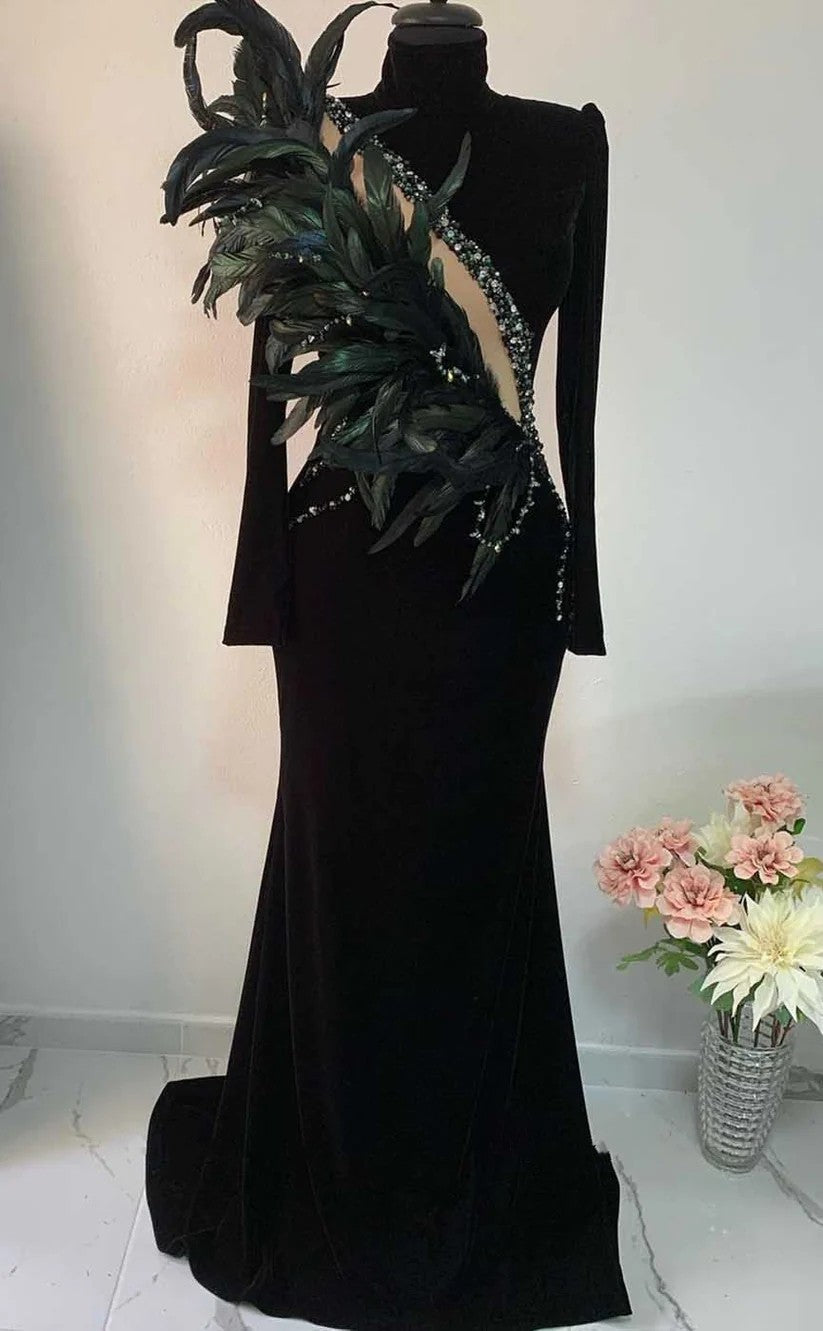 RP1252-Charming Black Mermaid High Neck Crystals Feather Long Sleeves Velvet Prom Evening Dresses Formal Party Gowns With Train