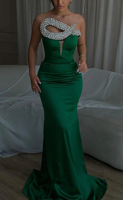 RP1256-Elegant Green Mermaid Strapless Crystals Sleeveless Satin Prom Evening Dresses Formal Party Gowns